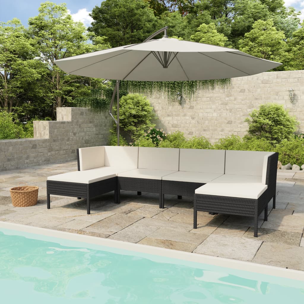 6-delige Loungeset met kussens poly rattan zwart – afbeelding 1