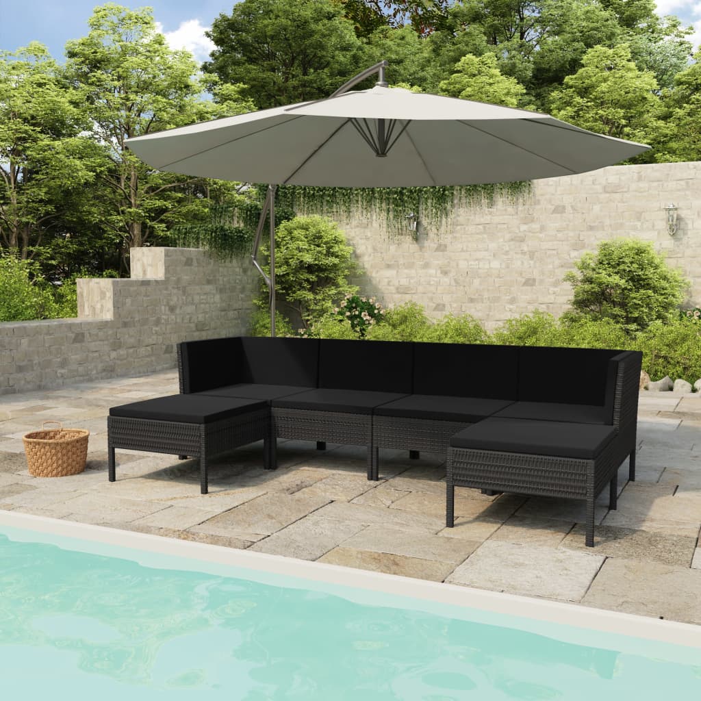6-delige Loungeset met kussens poly rattan zwart – afbeelding 1