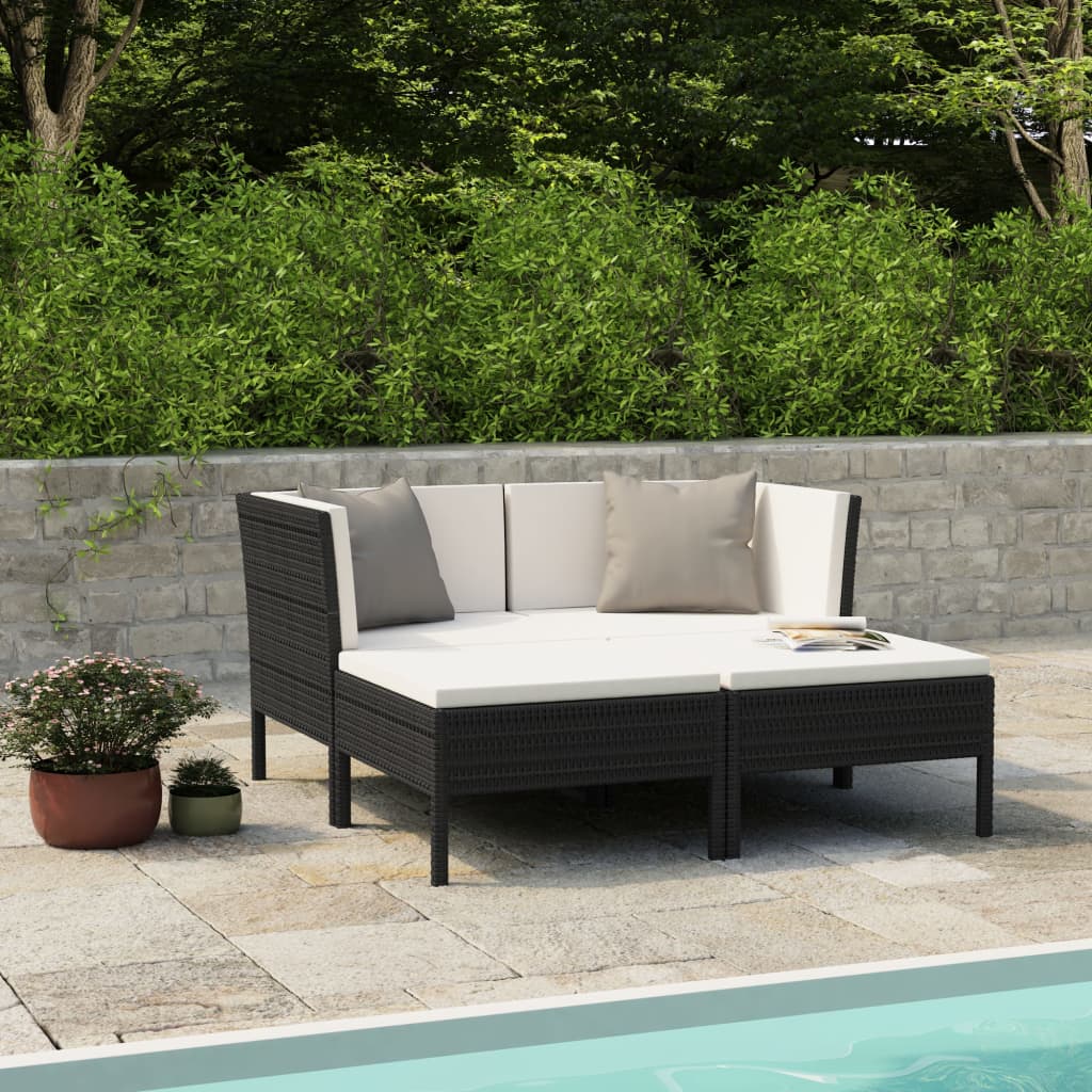 4-delige Loungeset met kussens poly rattan zwart – afbeelding 1