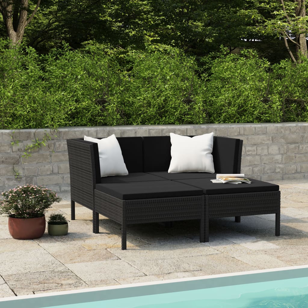 4-delige Loungeset met kussens poly rattan zwart