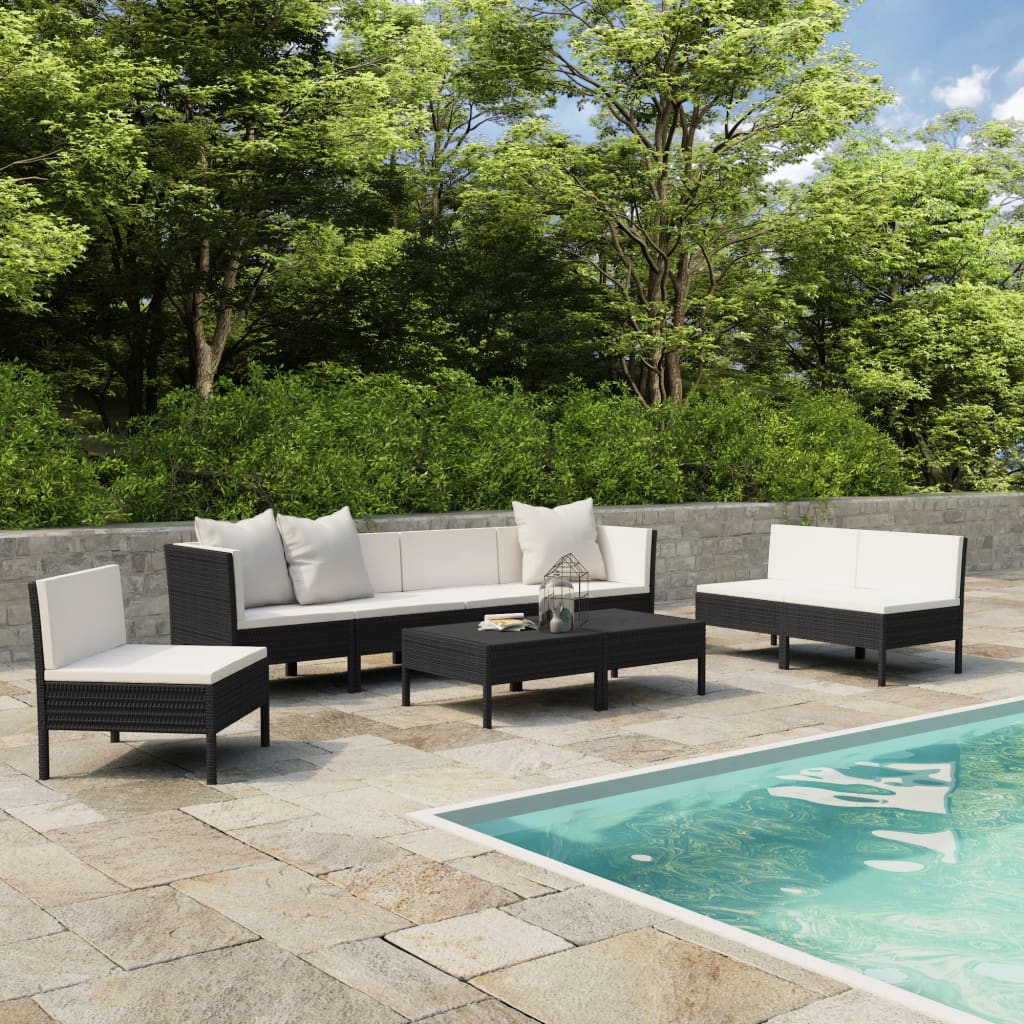 9-delige Loungeset met kussens poly rattan zwart