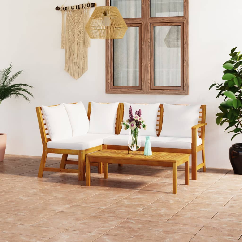 4-delige Loungeset met kussens massief acaciahout crème – afbeelding 1