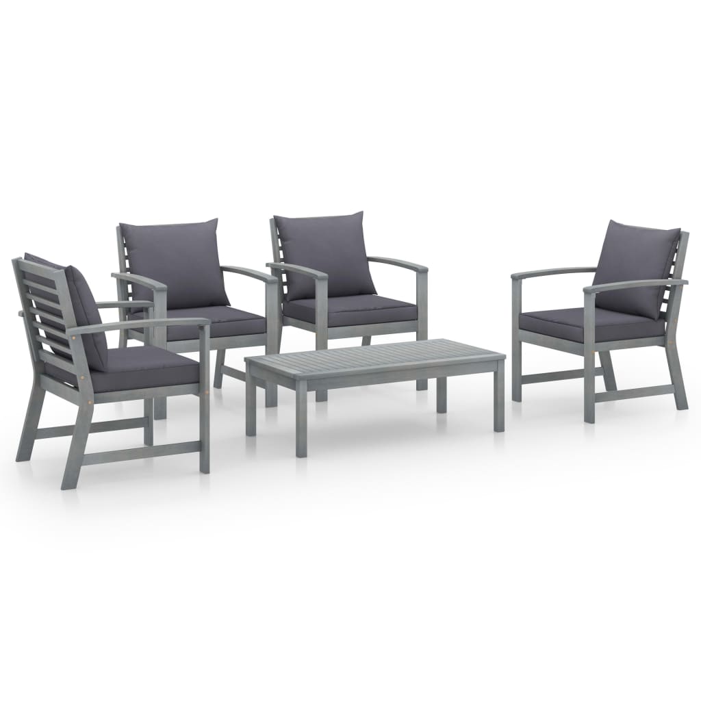 5-delige Loungeset met kussens massief acaciahout grijs – afbeelding 2