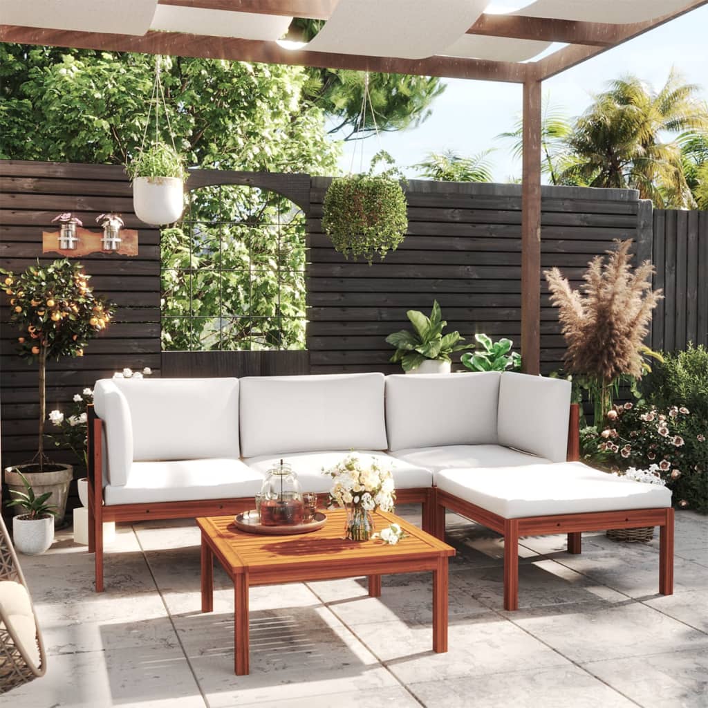 5-delige tuinloungeset met kussens crèmekleurig acaciahout en touw – afbeelding 1