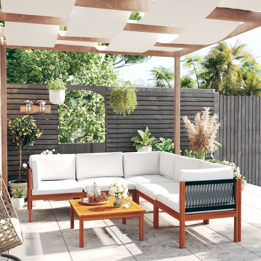 6-delige tuinloungeset met kussens crèmekleurig acaciahout en touw – afbeelding 1
