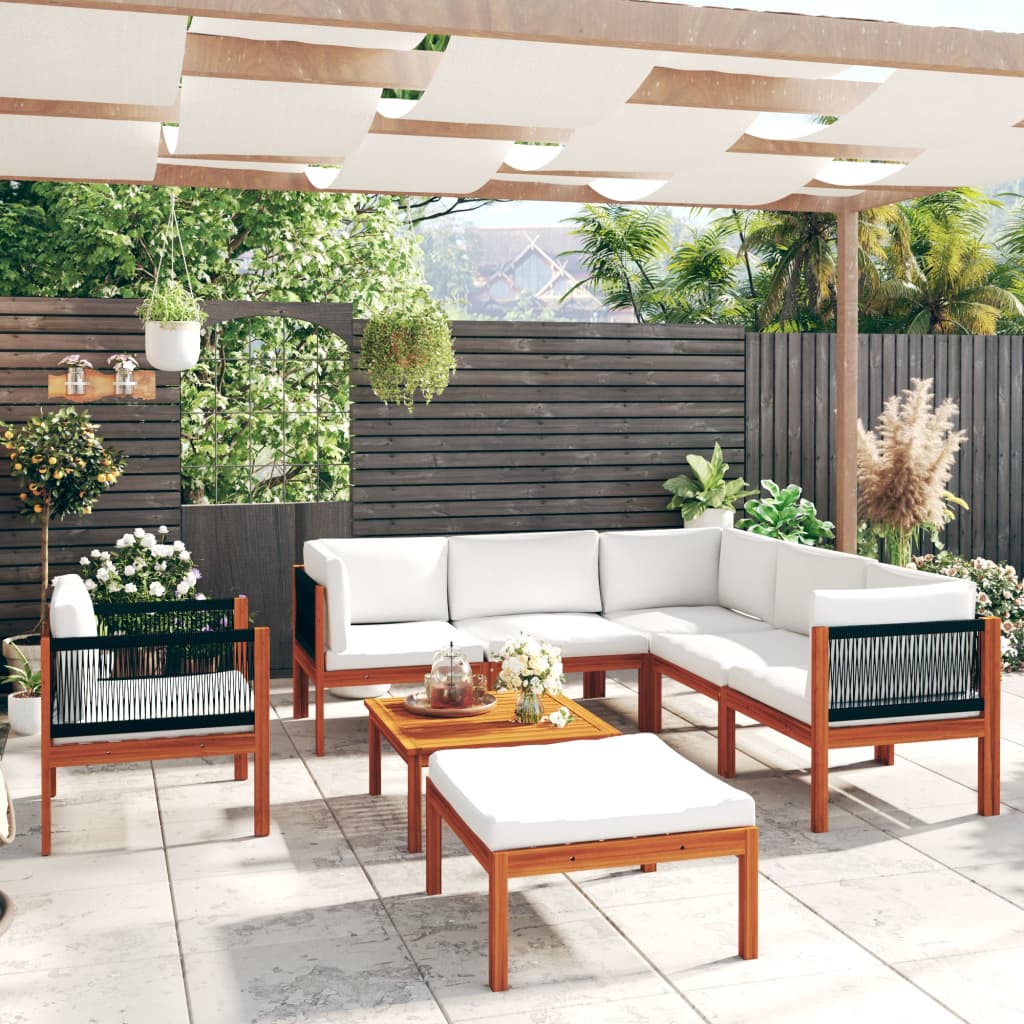 8-delige tuinloungeset met kussens crèmekleurig acaciahout en touw – afbeelding 1