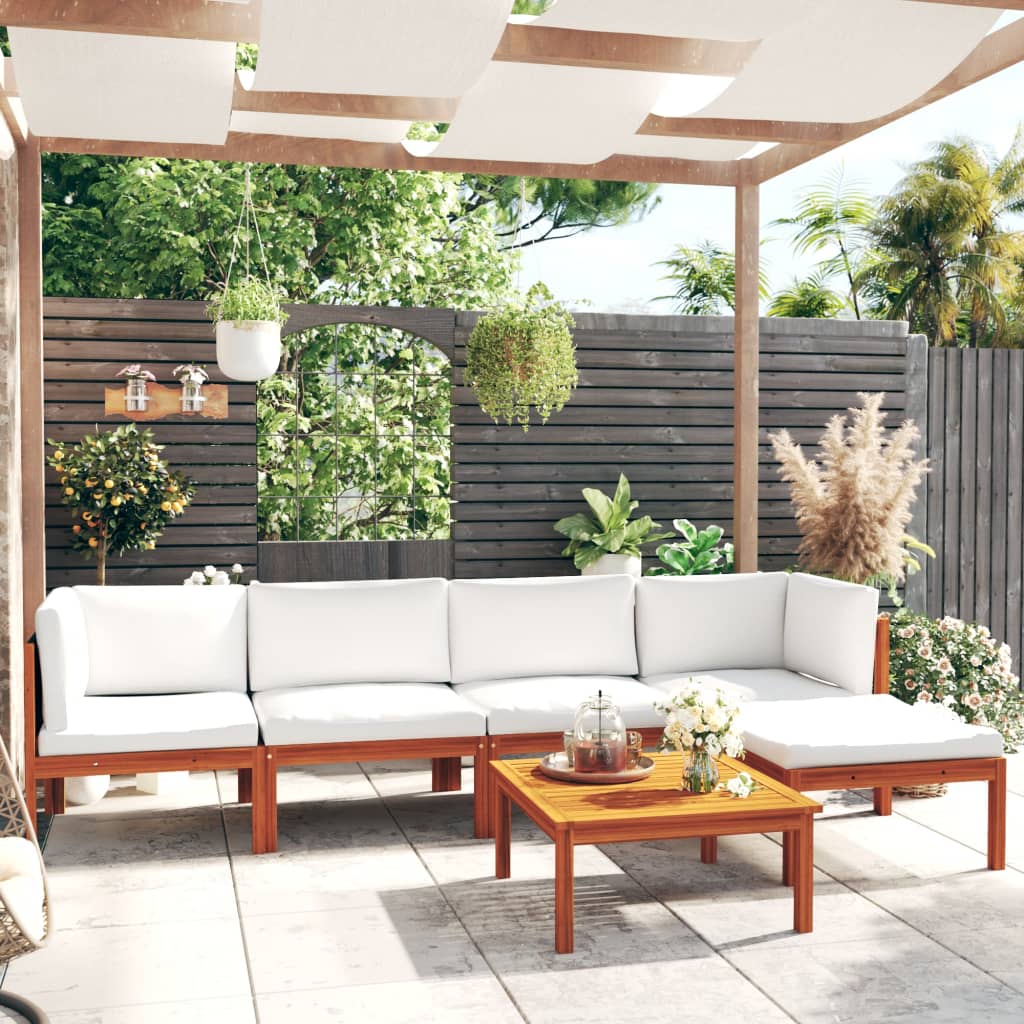 6-delige tuinloungeset met kussens crèmekleurig acaciahout en touw – afbeelding 1