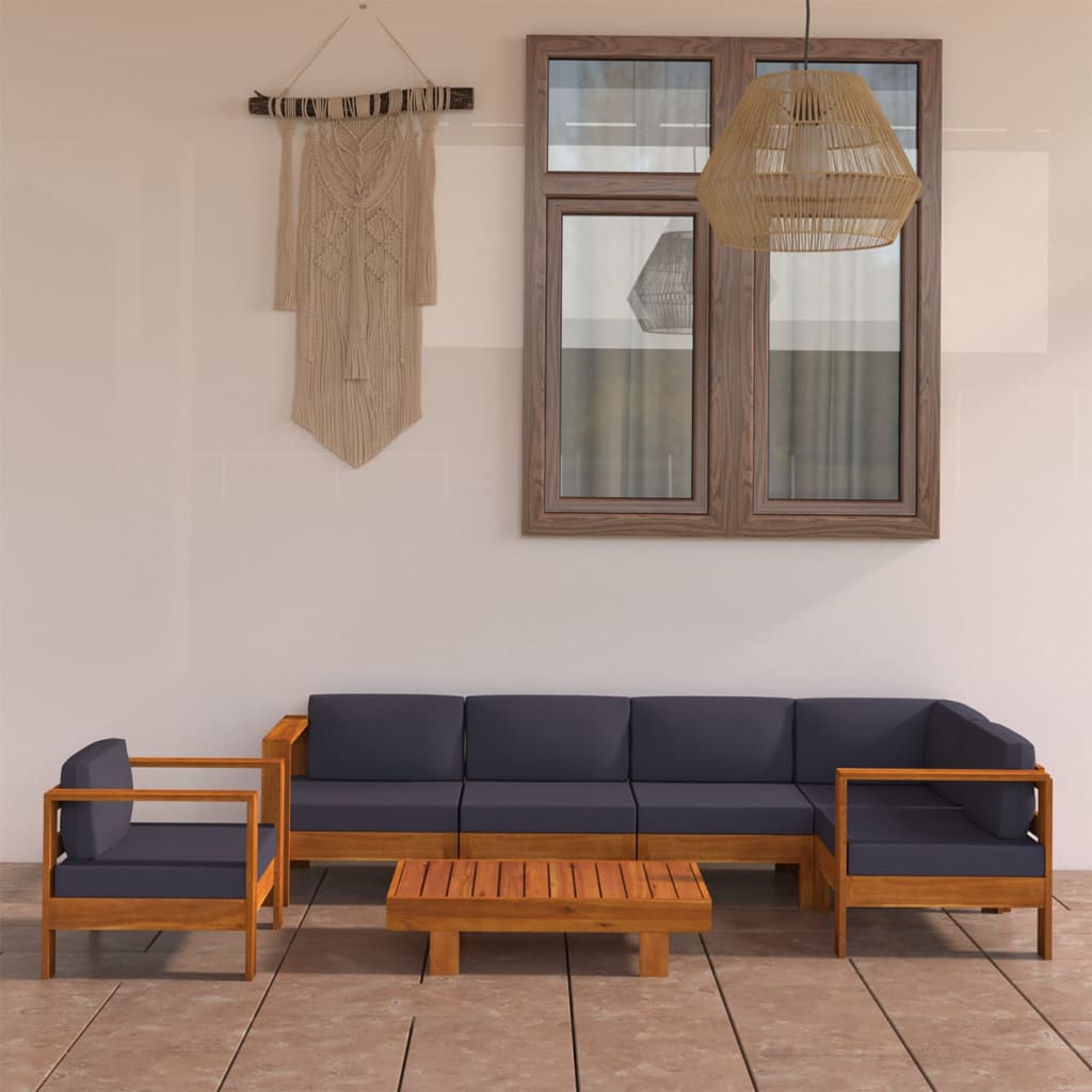 7-delige Loungeset met donkergrijze kussens acaciahout – afbeelding 1