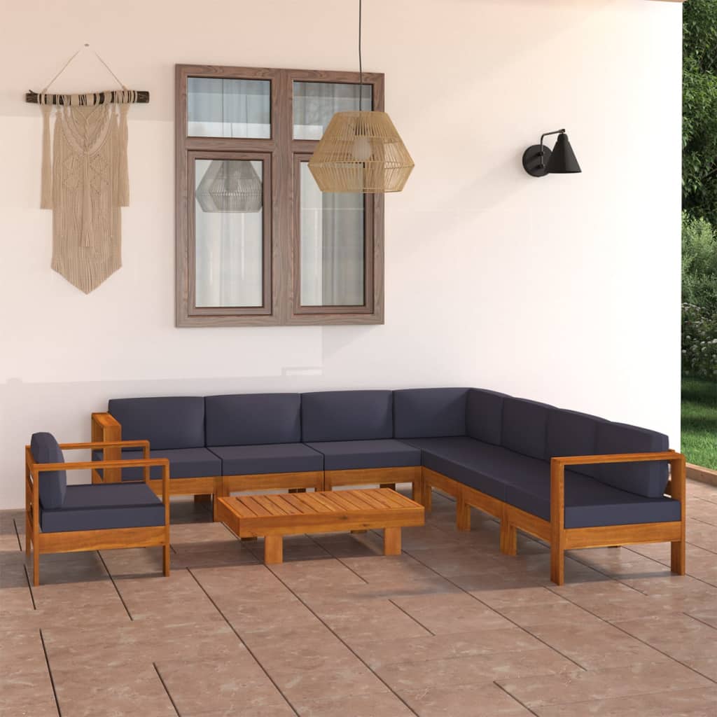 9-delige Loungeset met donkergrijze kussens acaciahout – afbeelding 1