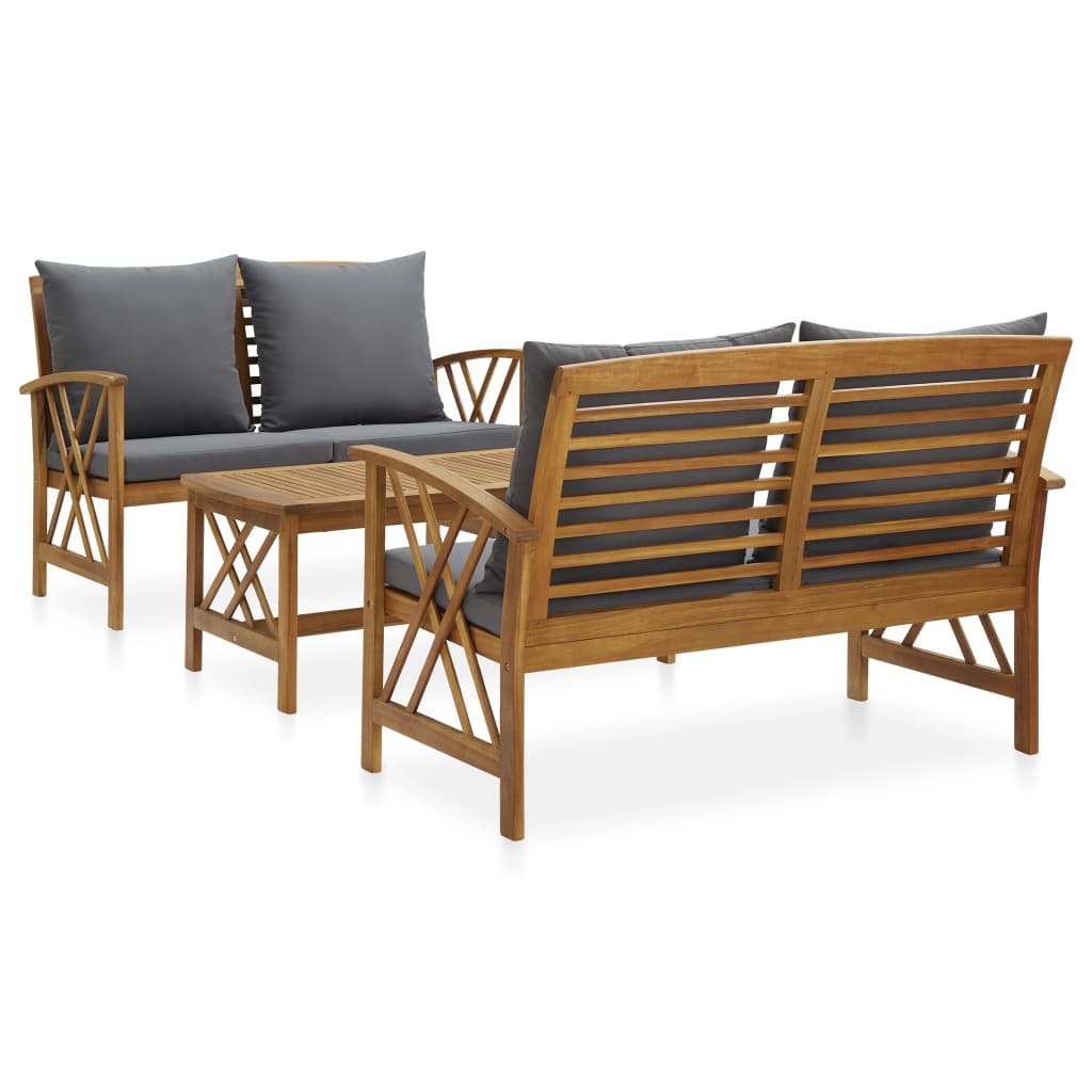3-delige Loungeset met kussens massief acaciahout – afbeelding 1