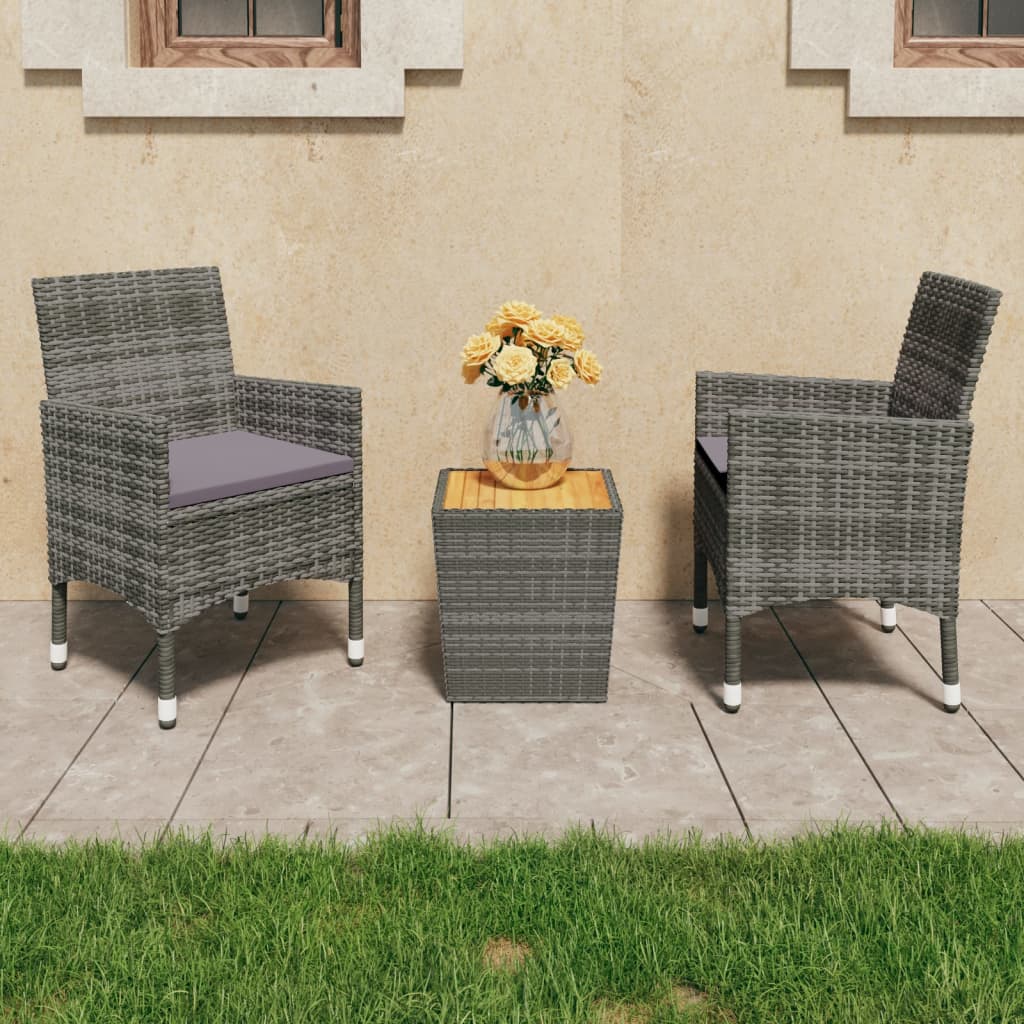 3-delige Bistroset poly rattan en acaciahout grijs – afbeelding 1