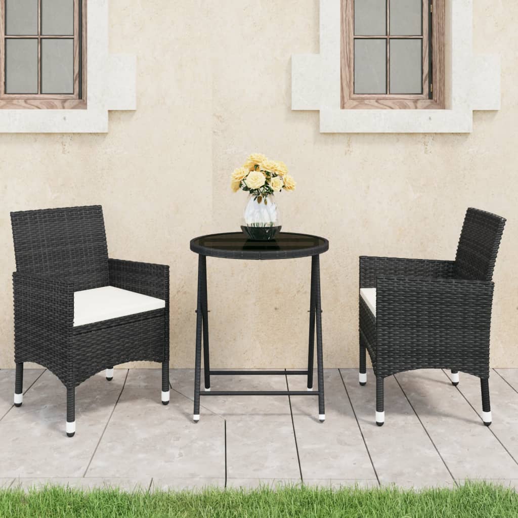 3-delige Bistroset poly rattan en gehard glas zwart – afbeelding 1