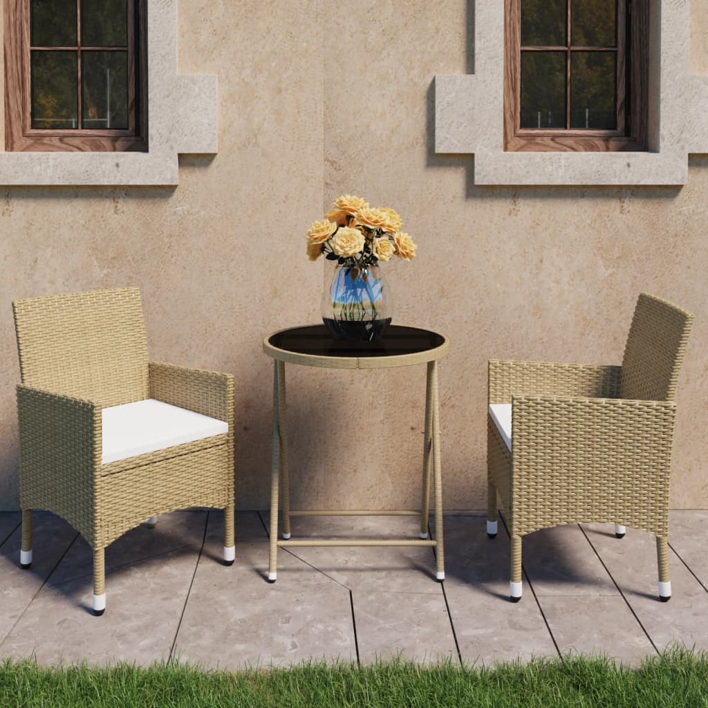 3-delige Bistroset poly rattan en gehard glas beige – afbeelding 1
