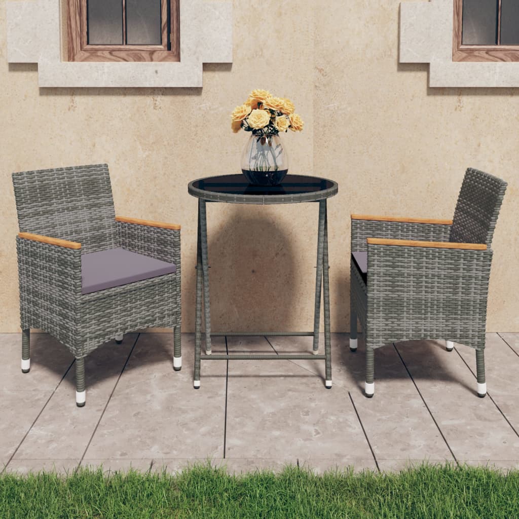 3-delige Bistroset poly rattan en gehard glas grijs – afbeelding 1