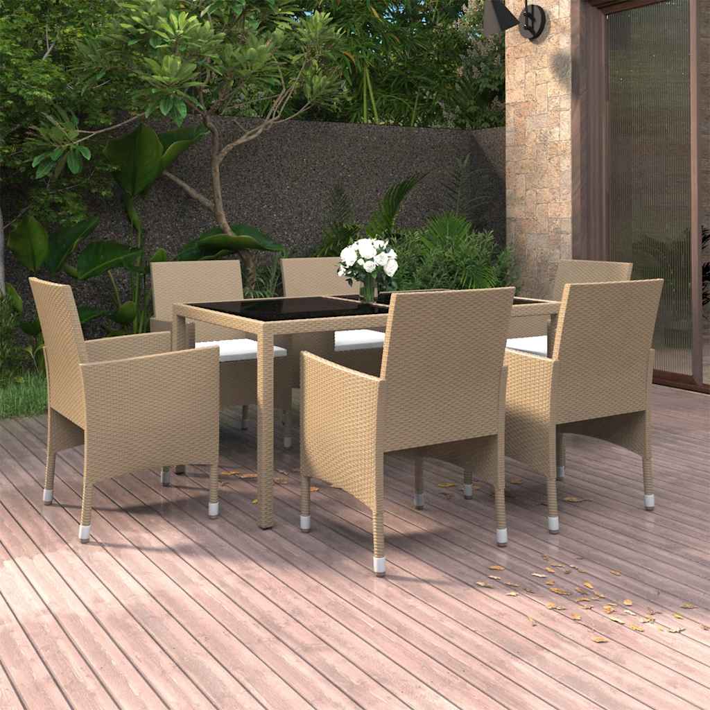 7-delige Tuinset poly rattan en gehard glas beige – afbeelding 1