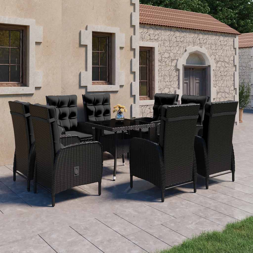 9-delige Tuinset poly rattan en glas zwart