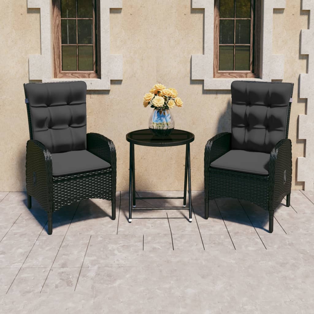 3-delige Bistroset poly rattan en glas zwart – afbeelding 1
