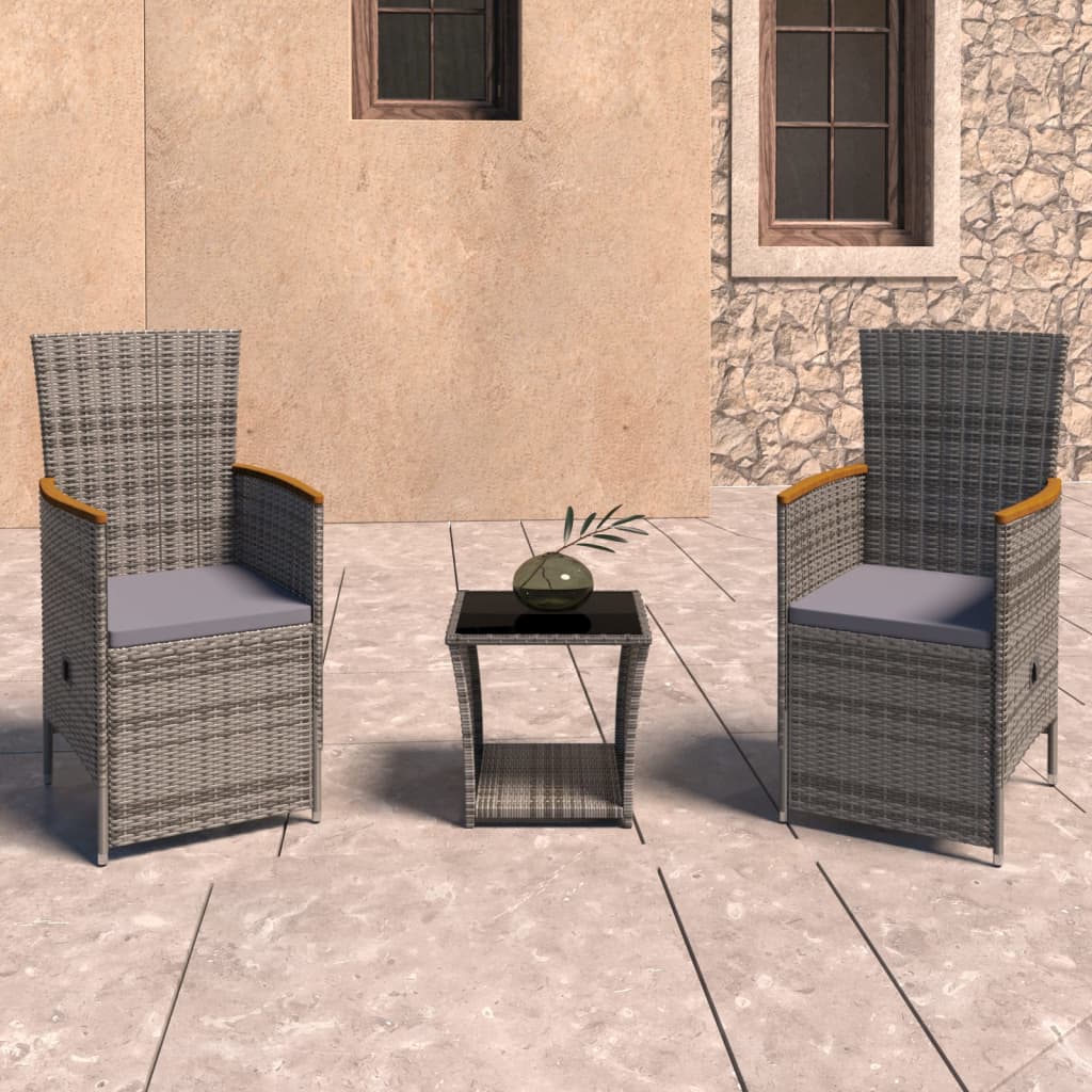 3-delige Loungeset met kussens poly rattan grijs – afbeelding 1