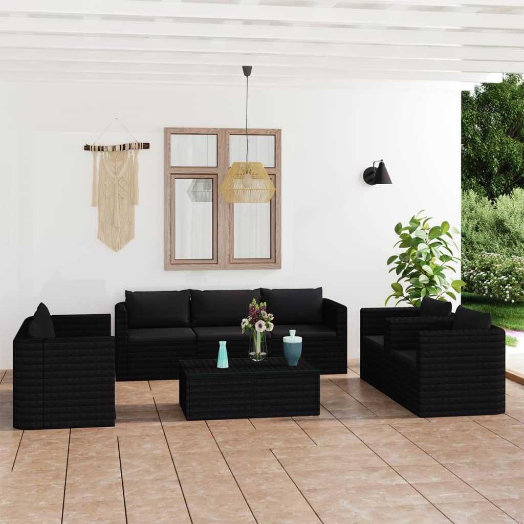 9-delige Loungeset met kussens poly rattan zwart – afbeelding 1