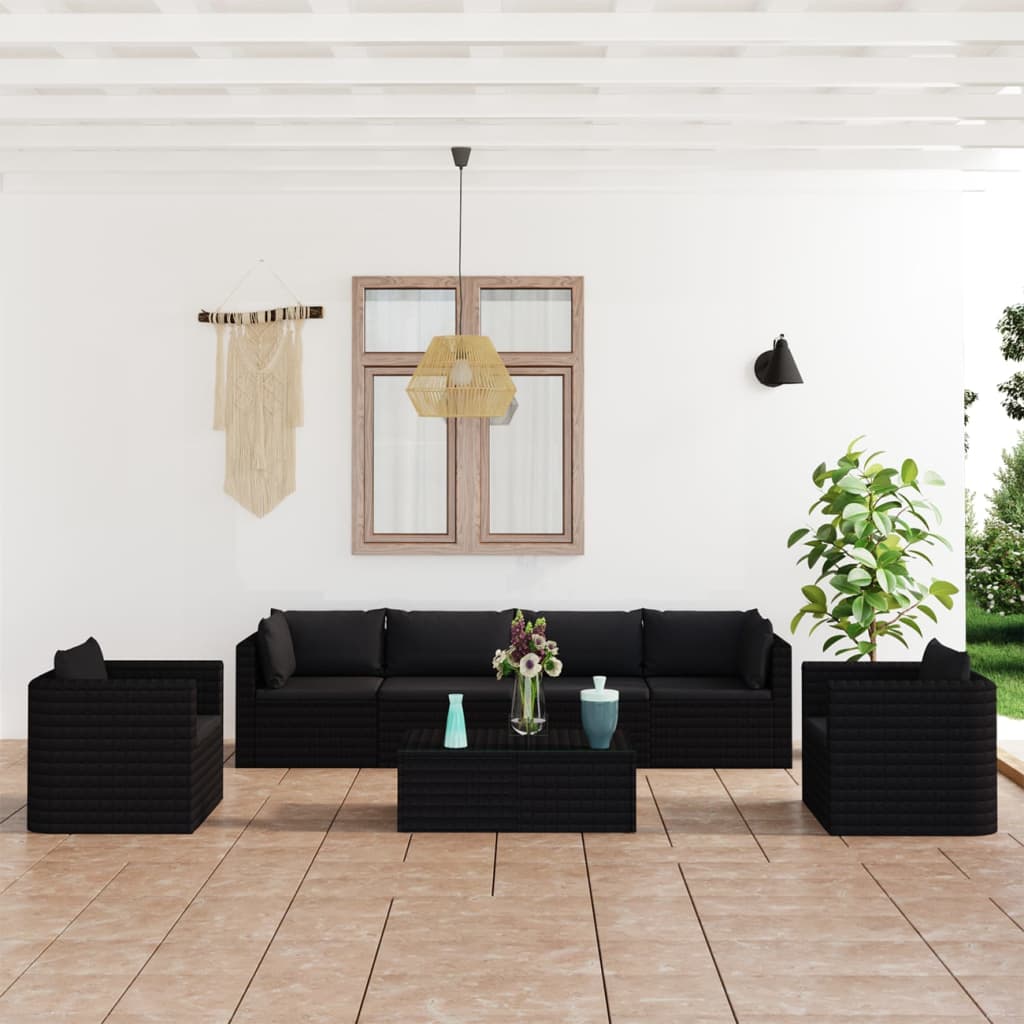 7-delige Loungeset met kussens poly rattan zwart – afbeelding 1