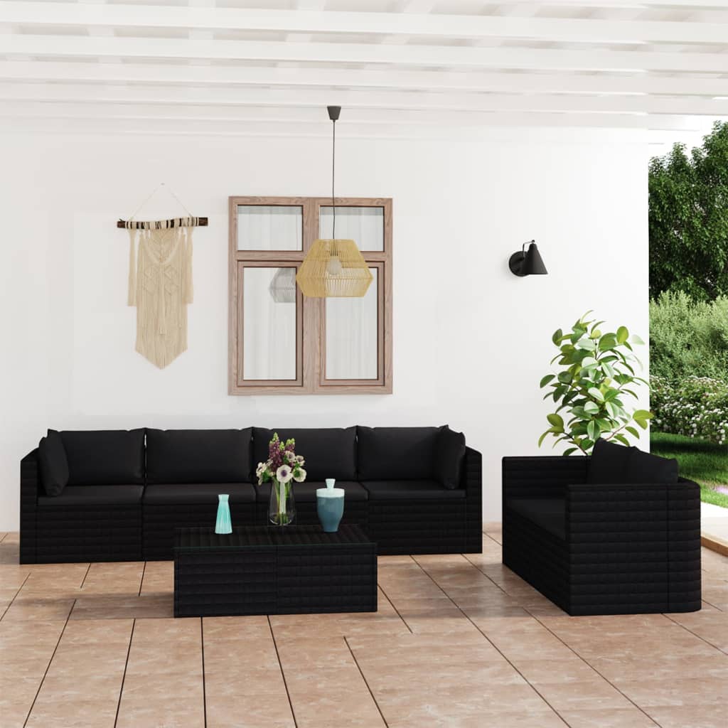 7-delige Loungeset met kussens poly rattan zwart – afbeelding 1