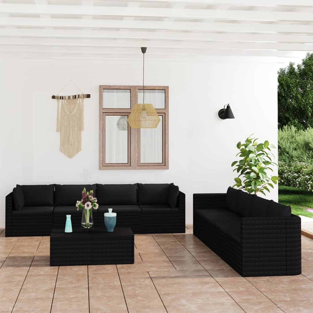 9-delige Loungeset met kussens poly rattan zwart – afbeelding 1