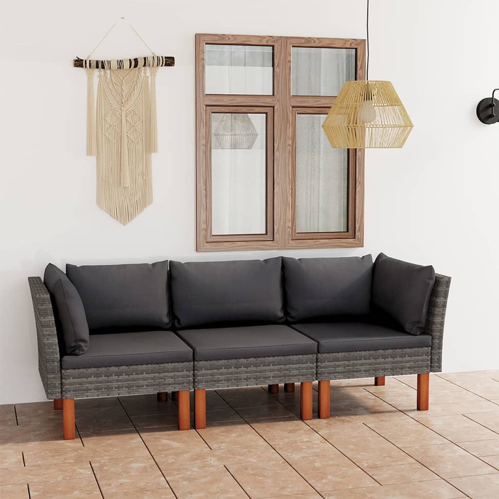 Tuinbank 3-zits met kussens poly rattan grijs – afbeelding 1
