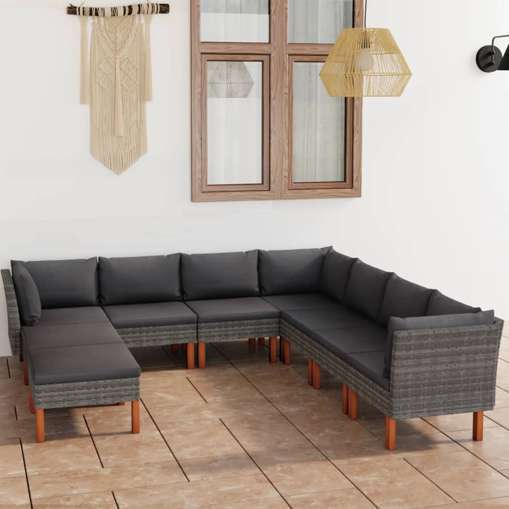 9-delige Loungeset met kussens poly rattan grijs – afbeelding 1