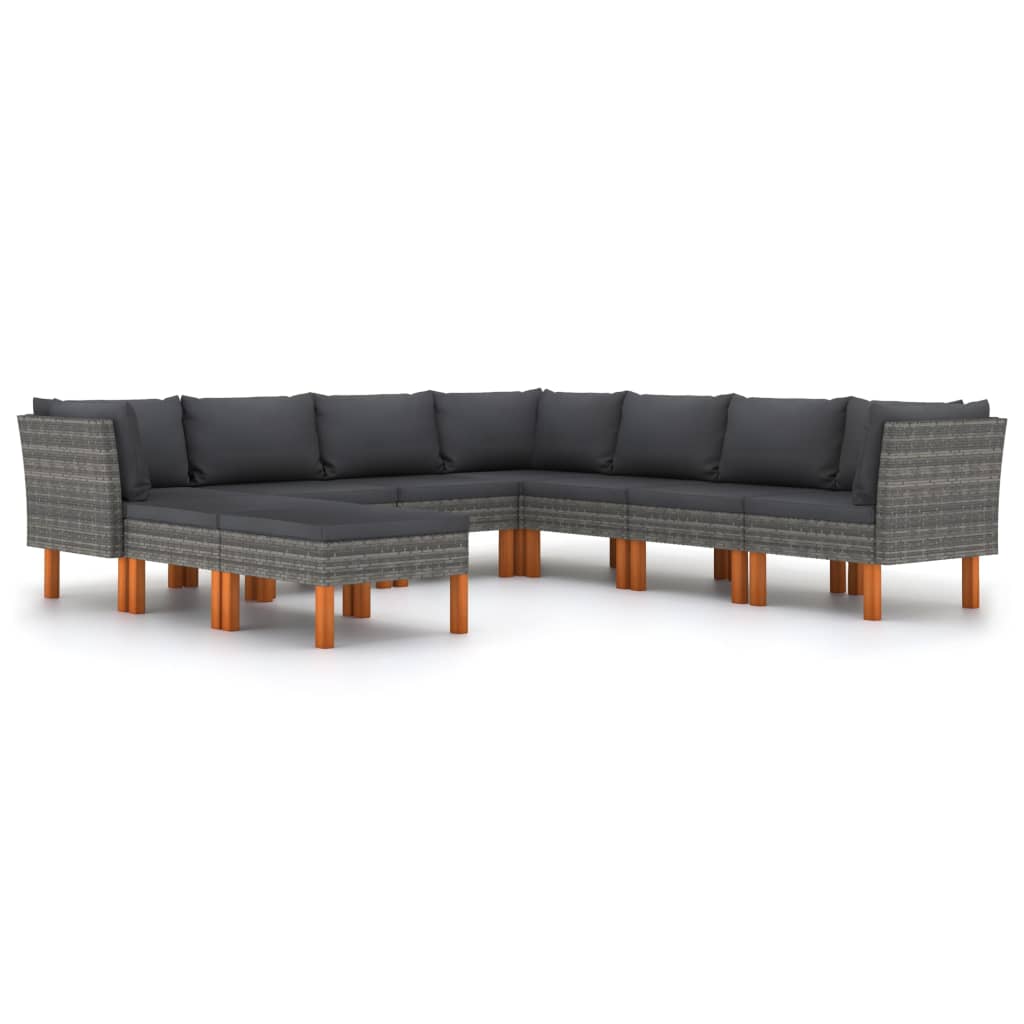 9-delige Loungeset met kussens poly rattan grijs – afbeelding 2