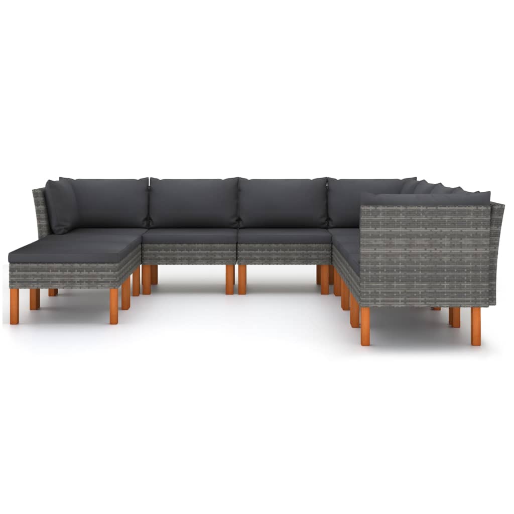 9-delige Loungeset met kussens poly rattan grijs – afbeelding 3