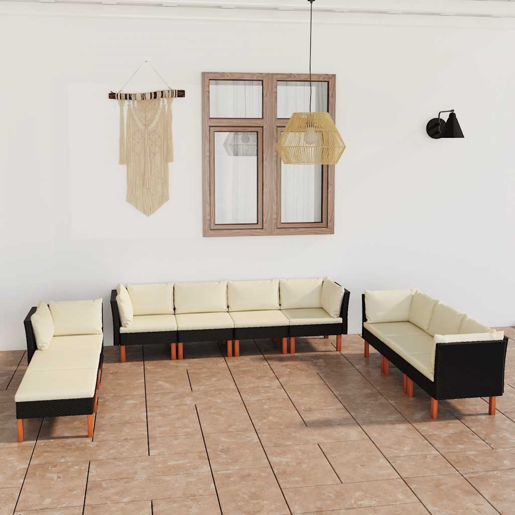 10-delige Loungeset met kussens poly rattan zwart