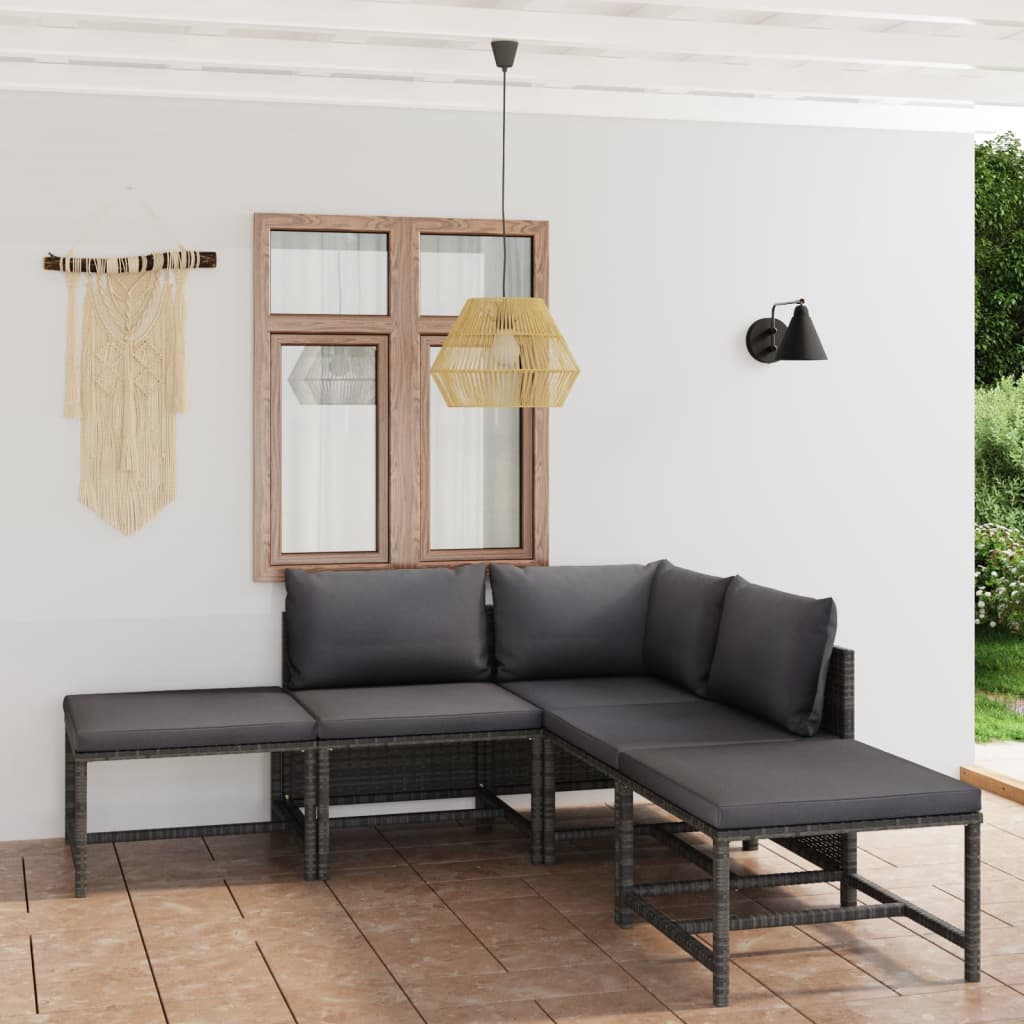 6-delige Loungeset met kussens poly rattan grijs