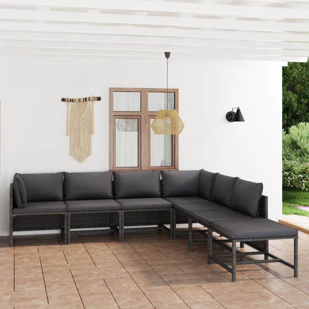 7-delige Loungeset met kussens poly rattan grijs – afbeelding 1