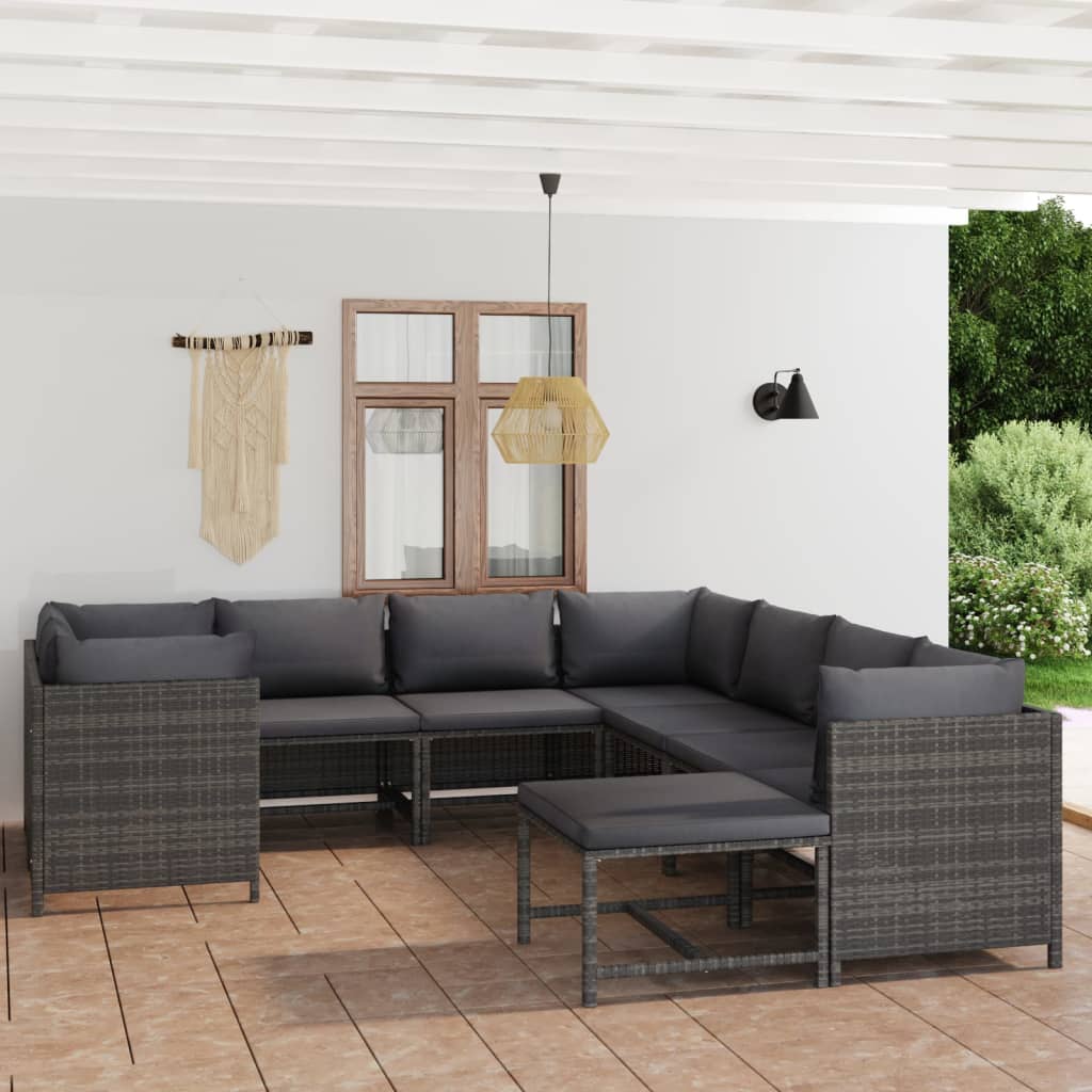 9-delige Loungeset met kussens poly rattan grijs – afbeelding 1