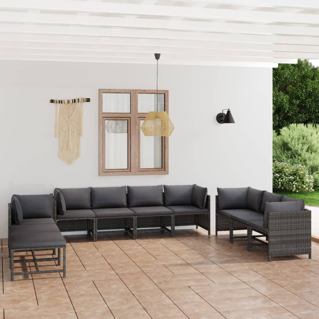 10-delige Loungeset met kussens poly rattan grijs – afbeelding 1