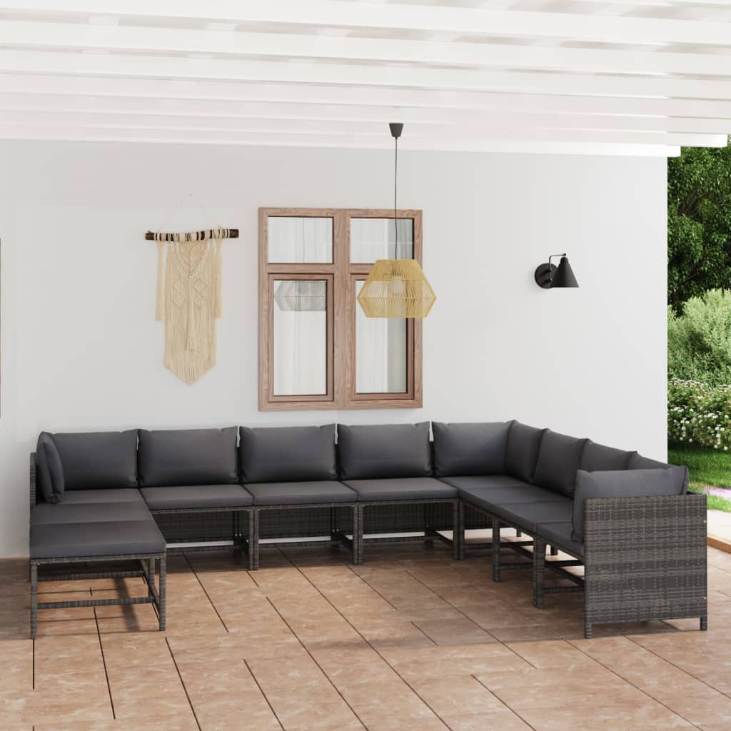 11-delige Loungeset met kussens poly rattan grijs – afbeelding 1