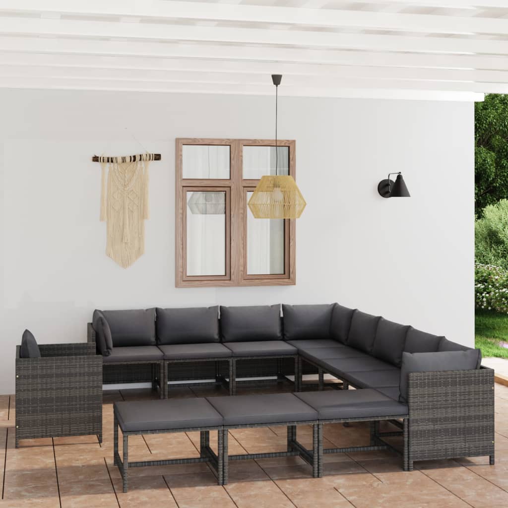12-delige Loungeset met kussens poly rattan grijs – afbeelding 1