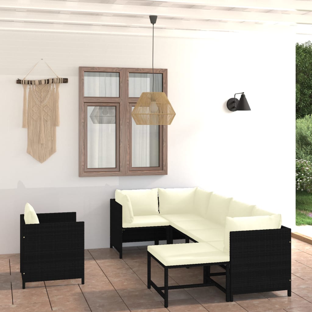 7-delige Loungeset met kussens poly rattan zwart – afbeelding 1