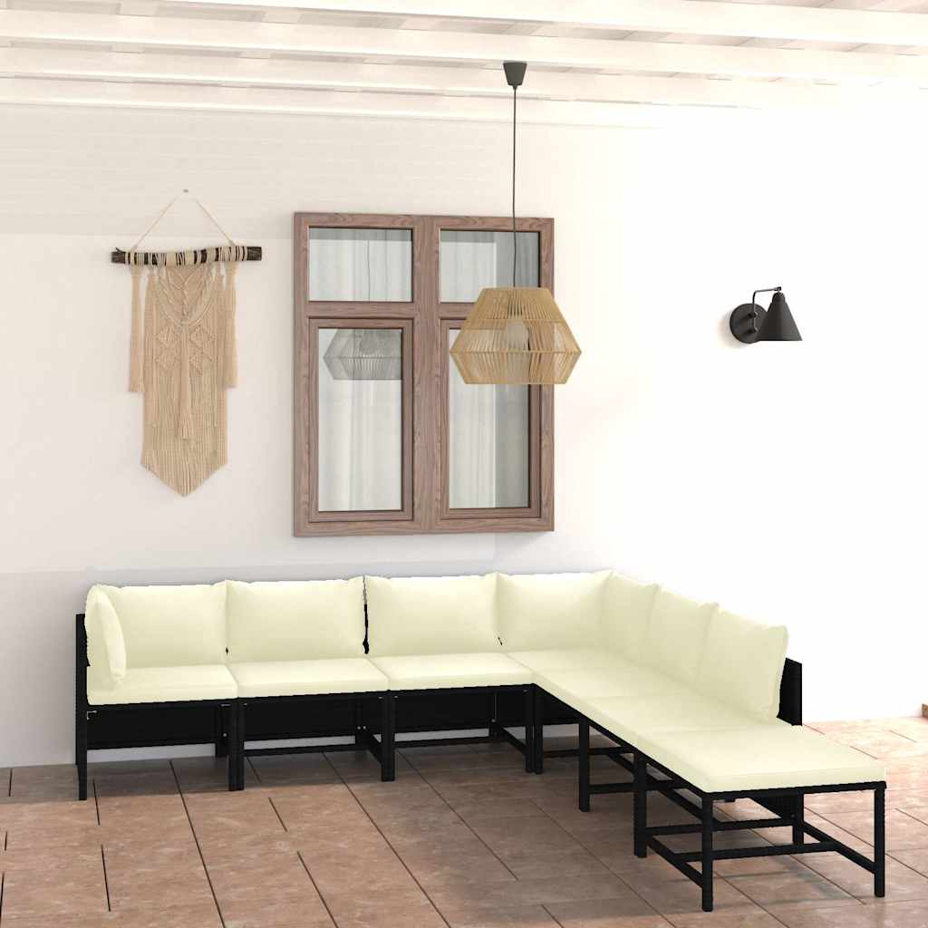 7-delige Loungeset met kussens poly rattan zwart