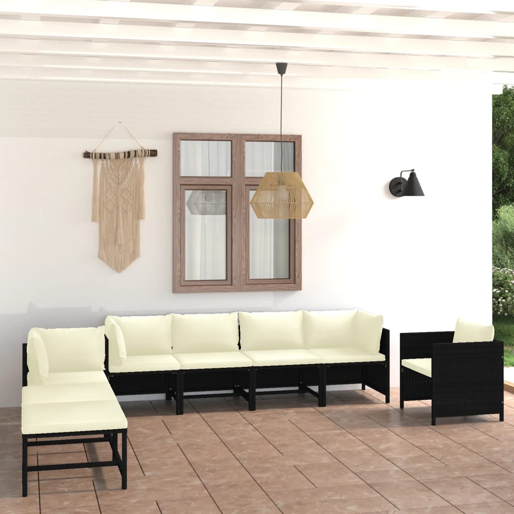 8-delige Loungeset met kussens poly rattan zwart