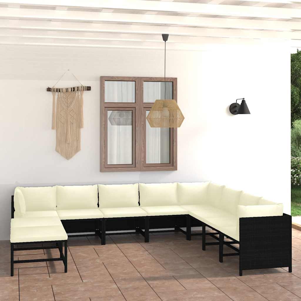 9-delige Loungeset met kussens poly rattan zwart – afbeelding 1