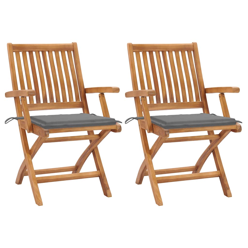 Tuinstoelen 2 st met grijze kussens massief teakhout – afbeelding 1