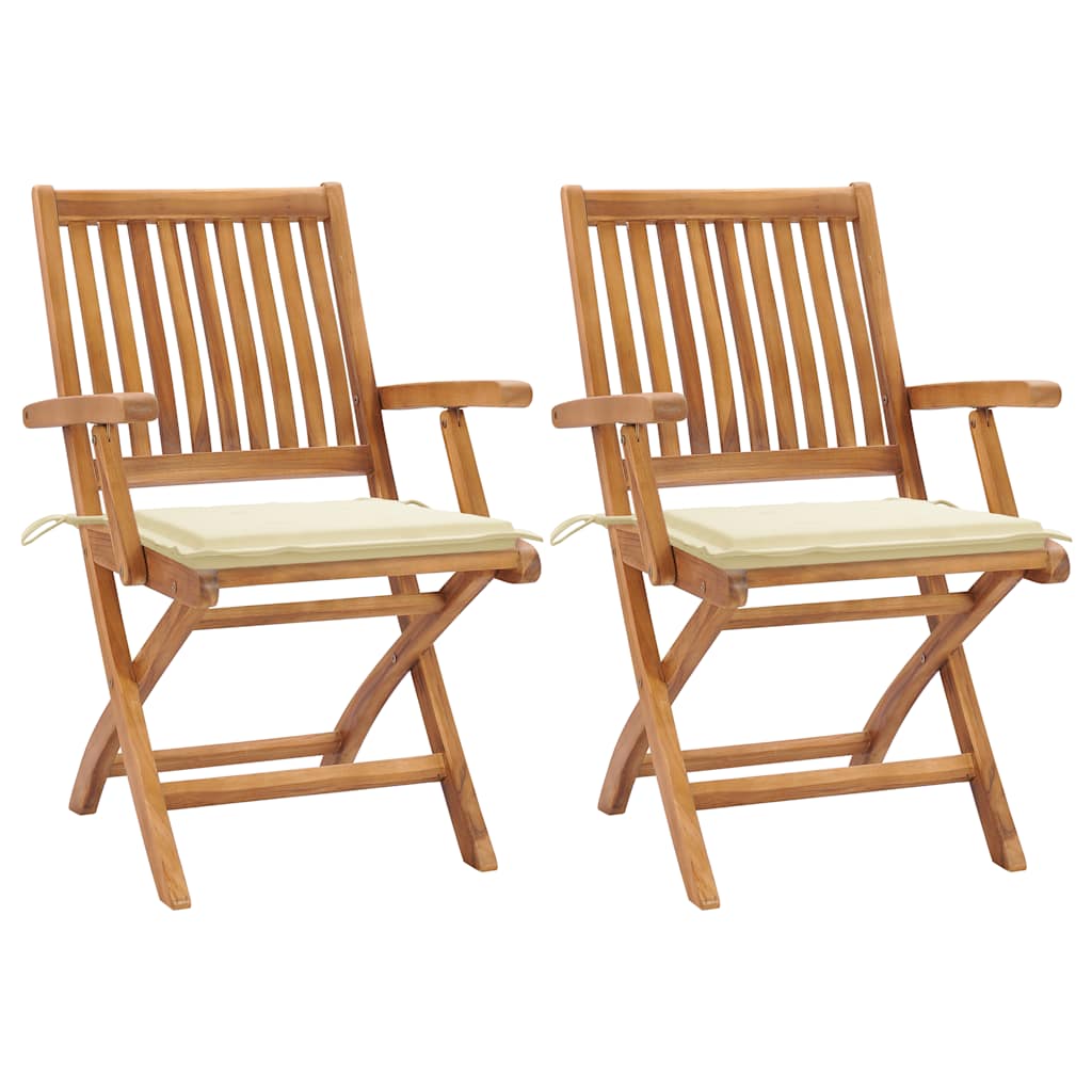 Tuinstoelen 2 st met crèmekleurige kussens massief teakhout – afbeelding 1