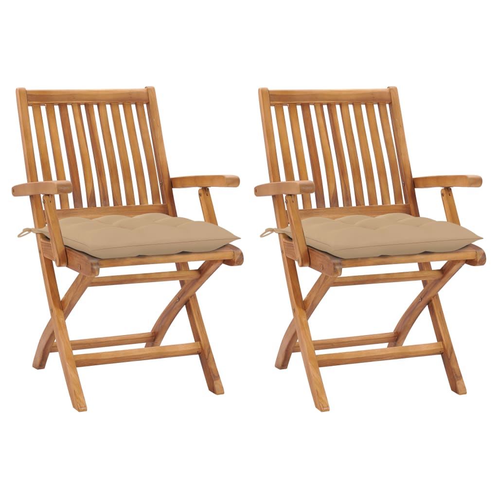 Tuinstoelen 2 st met beige kussens massief teakhout – afbeelding 1