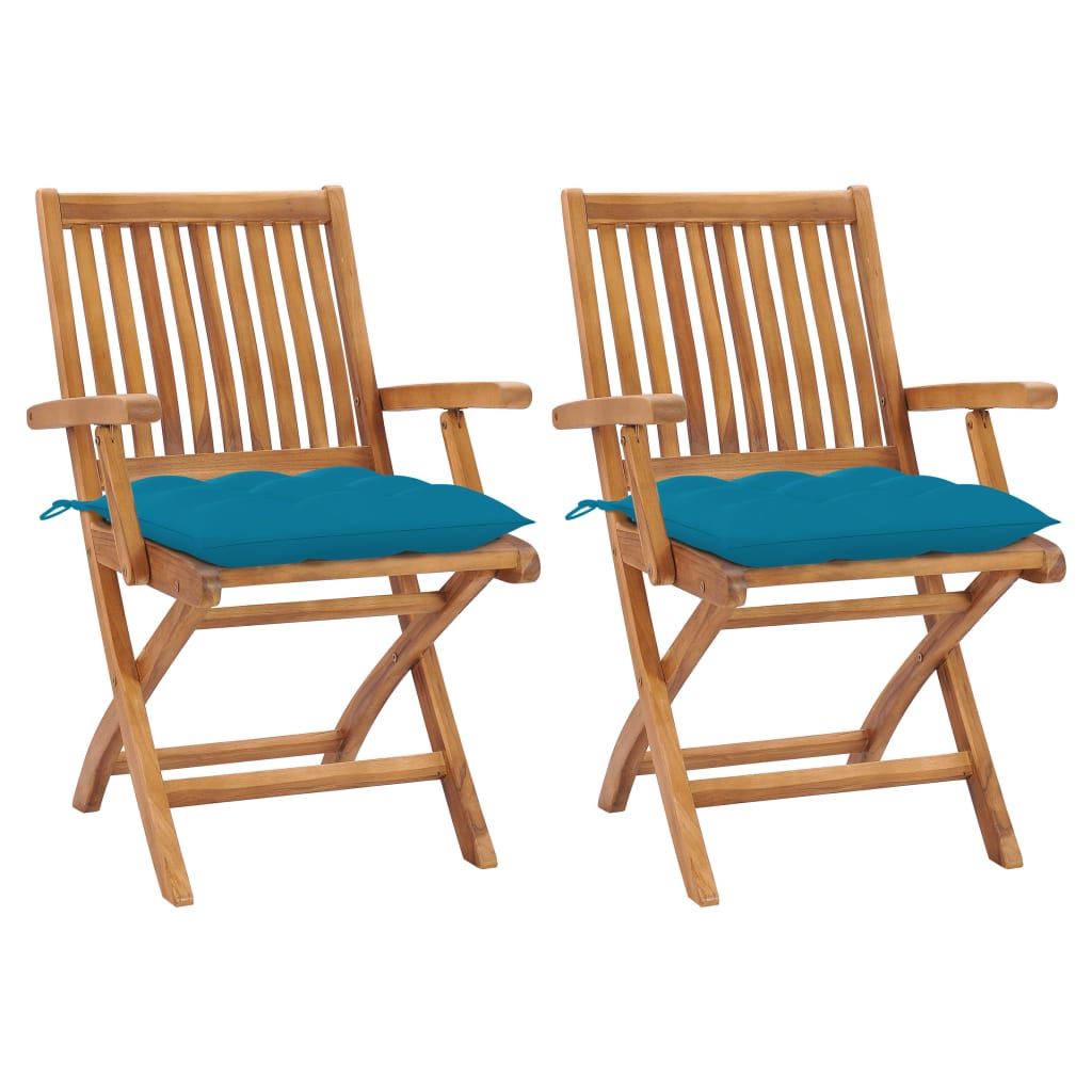 Tuinstoelen 2 st met lichtblauwe kussens massief teakhout – afbeelding 1