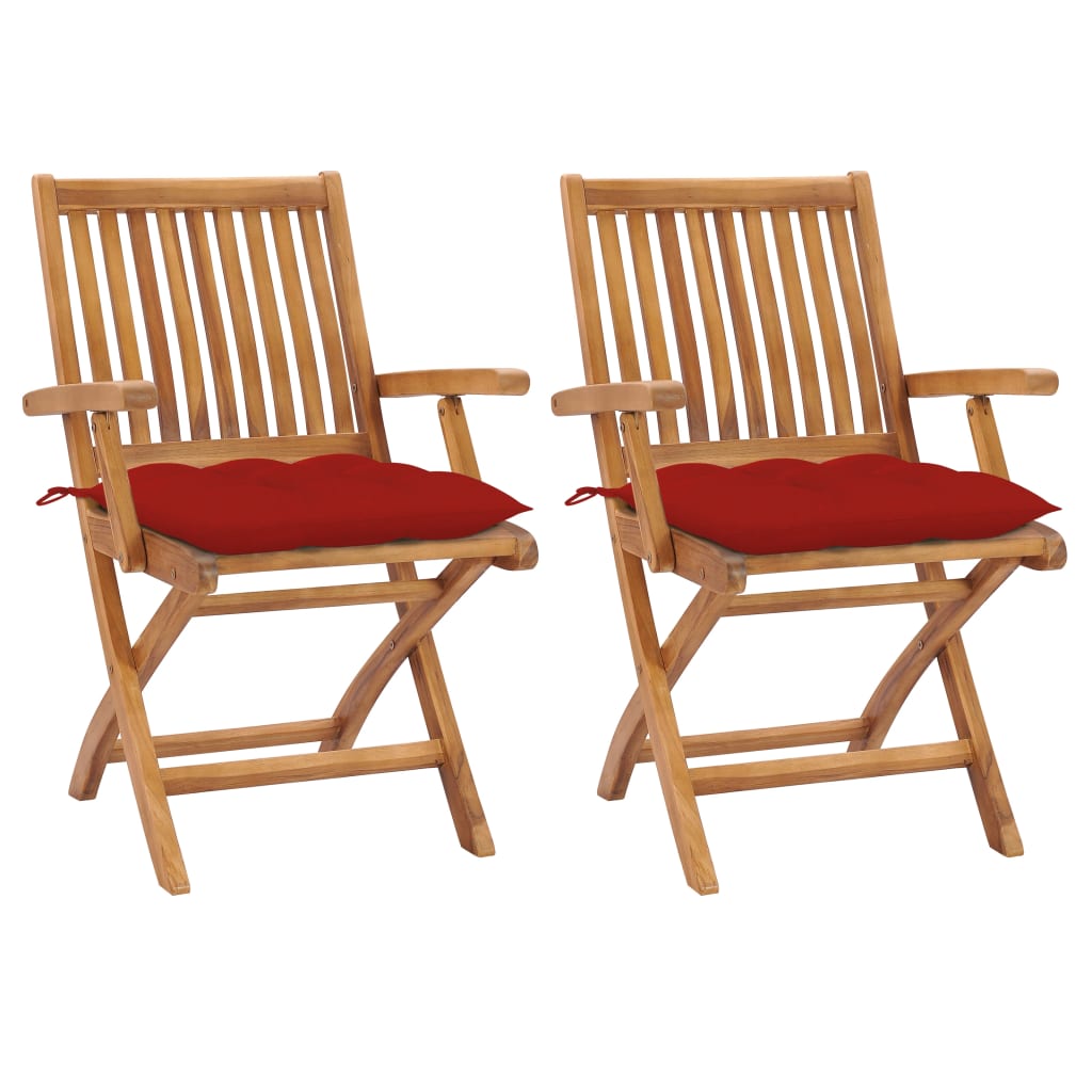 Tuinstoelen 2 st met rode kussens massief teakhout