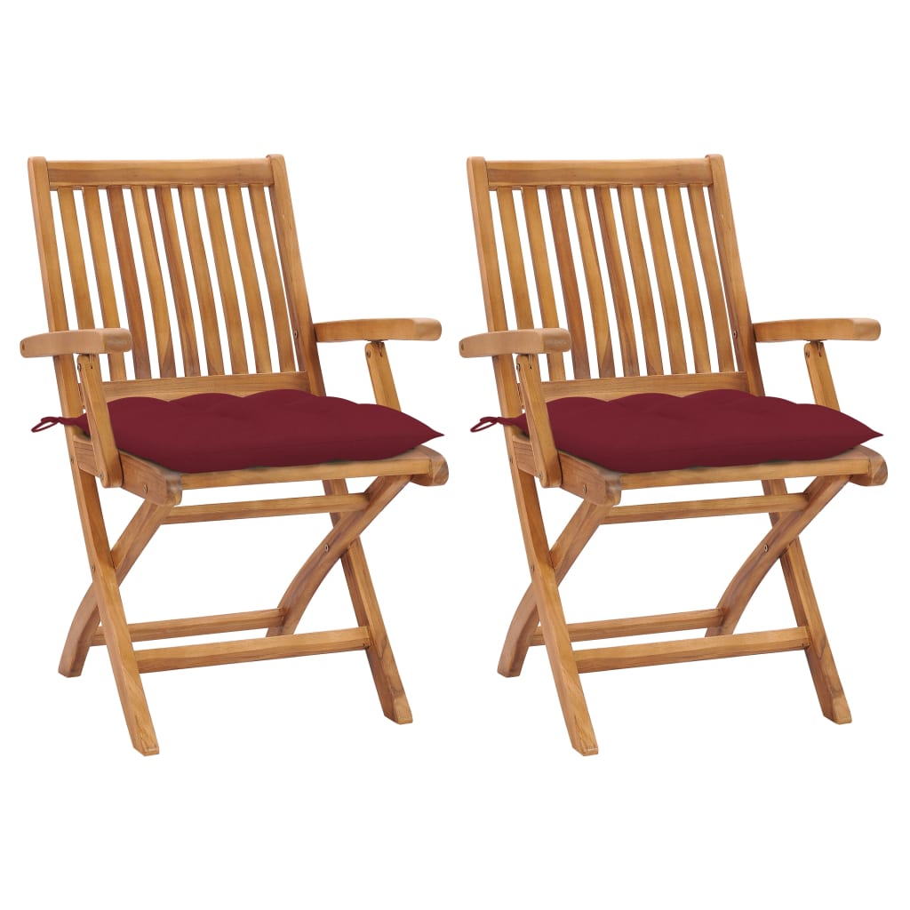 Set van 2 klapstoelen met wijnrode kussens, gemaakt van massief teakhout.