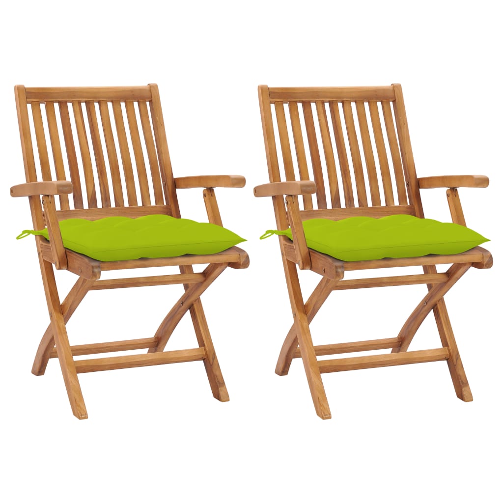Tuinstoelen 2 st met heldergroene kussens massief teakhout – afbeelding 1