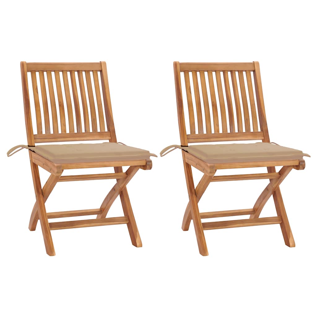 Tuinstoelen 2 st met beige kussens massief teakhout – afbeelding 1
