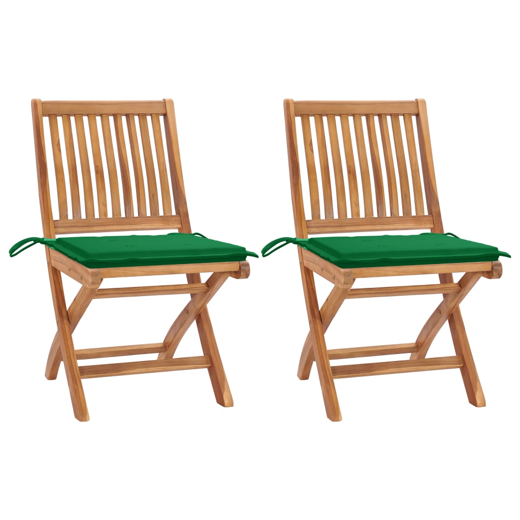Tuinstoelen 2 st met groene kussens massief teakhout – afbeelding 1